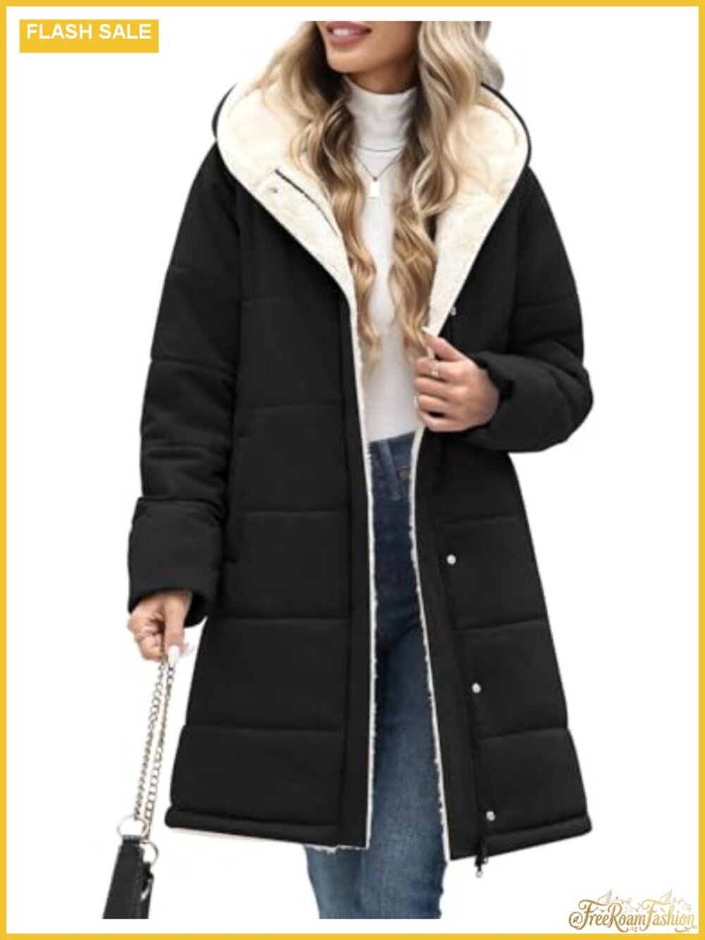 Women's Long Sherpa Fleece Lined Puffer Jacket Mid-Length Winter Coat with
